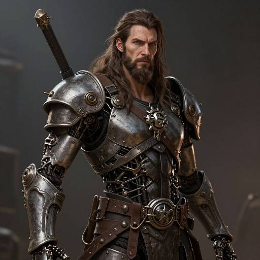 Photorealistic CGI of a bearded, long-haired man in gleaming medieval armor with a sword sheathed on his back, standing confidently against a