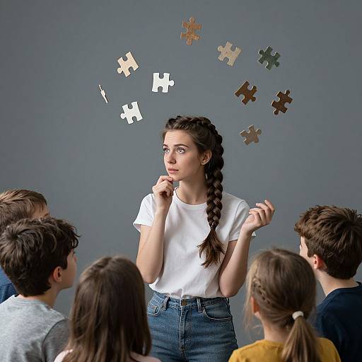 Photograph of a young woman with braided hair, white t-shirt, and blue jeans, speaking to a group of children about puzzle pieces floating in