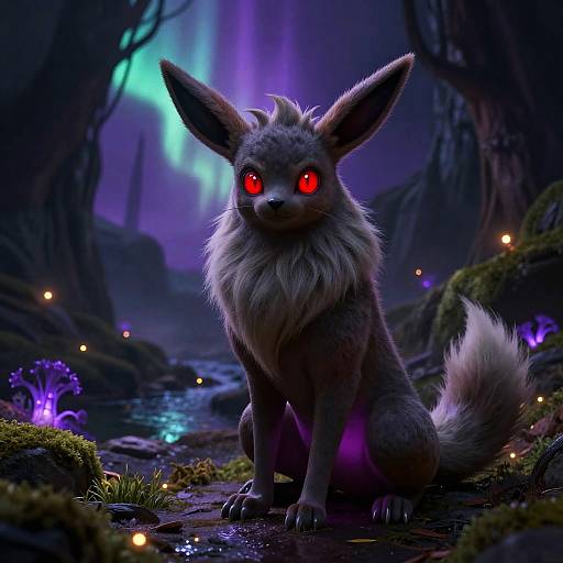 Anthro Fluffy Umbreon with Glowing Red Eyes in Mystical Cave