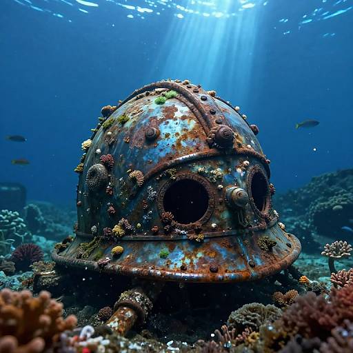 Photograph of a rusted, metal helmet covered in coral and barnacles, sitting on an underwater reef with sunlight filtering through.