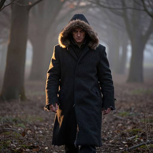 Photograph of a serious man in a dark, fur-trimmed winter coat standing in a foggy, leaf-strewn forest at dawn.
