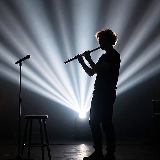 Silhouetted Musician Playing Flute on Stage