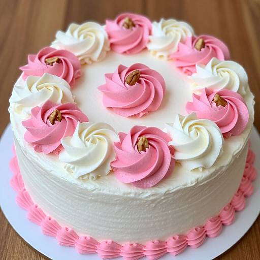 Photograph of a round white cake topped with pink and white swirled frosting roses, pink piped border, on a wooden table.