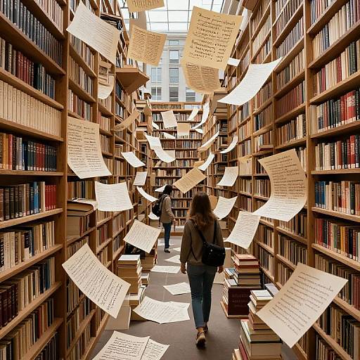 Photograph of a library aisle with wooden bookshelves, books, and floating papers, featuring a person with a backpack walking away.