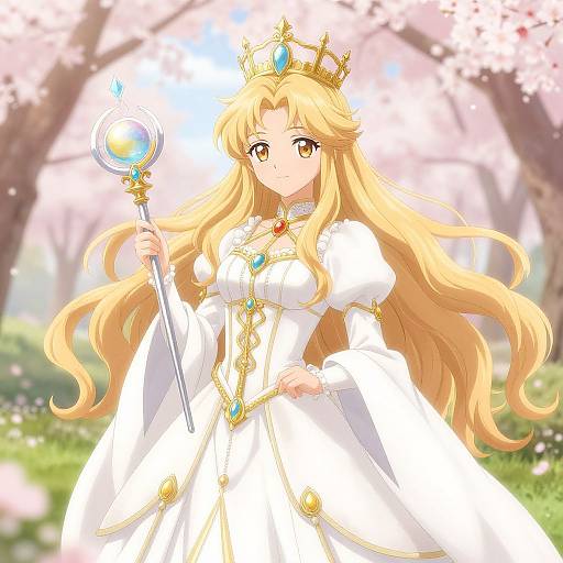 Anime Queen in Serene Cherry Blossom Garden