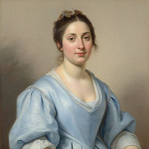 Digital painting of a young woman with fair skin, dark hair in a bun, wearing a light blue, puffed-sleeve dress, against a