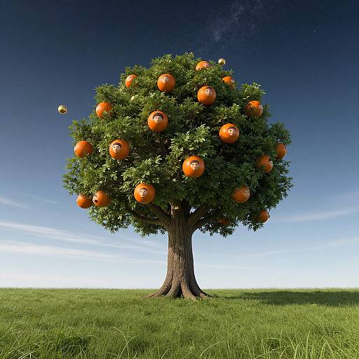 Photorealistic image of a lush orange tree with vibrant oranges, set against a clear blue sky and green grass.