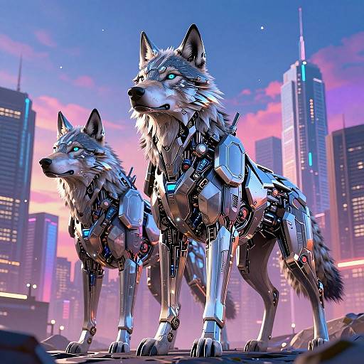 Digital artwork of two robotic wolves with glowing blue eyes, metallic fur, and futuristic armor, standing in a neon-lit cityscape at sunset.