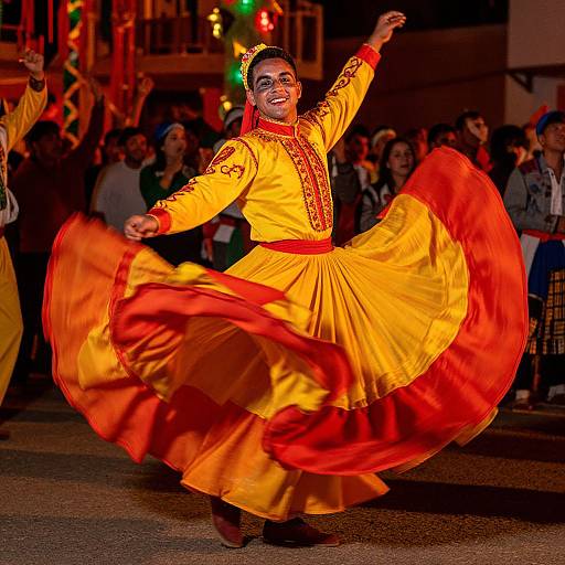 Photograph of a joyful Hispanic woman in a vibrant yellow and red traditional dress, spinning dynamically at an evening cultural festival, surrounded by cheering spectators.