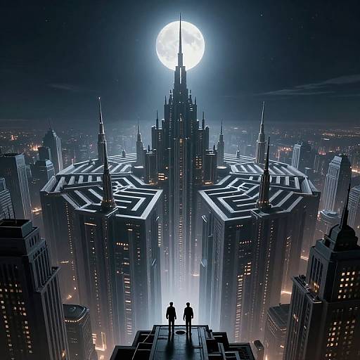 Digital art of a futuristic cityscape at night, with a full moon glowing behind a towering, geometric skyscraper. Two silhouetted figures stand