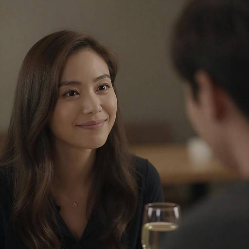 Photograph of a smiling woman with long brown hair, wearing a black top, seated at a table, facing a man with dark hair, blurred in