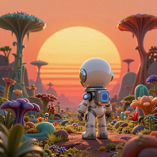 CGI image: A cute, white, spherical-headed astronaut with glowing blue accents stands on a colorful alien planet at sunset, surrounded by vibrant fungi and