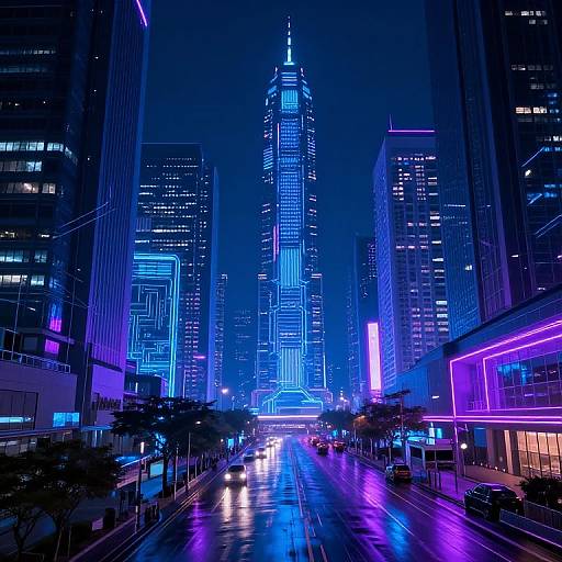 Neon-lit, futuristic cityscape at night featuring a towering blue-lit skyscraper in the center, flanked by glowing buildings, with reflective