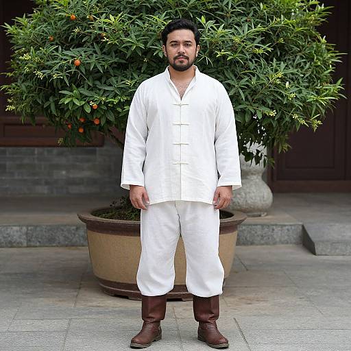 Photograph of a bearded man with medium brown skin, wearing white traditional outfit and brown boots, standing in front of a large potted tree.