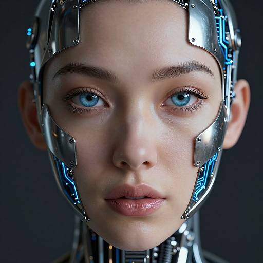 Photorealistic CGI of a young woman with striking blue eyes, fair skin, and a futuristic metallic cybernetic headpiece, set against a dark