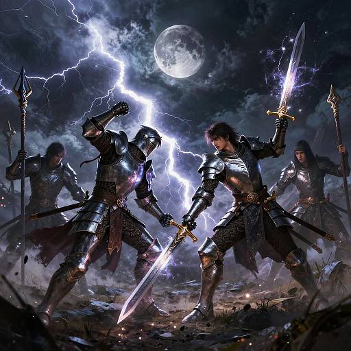 Epic fantasy battle: four armored warriors clash with glowing swords under a stormy moonlit sky, lightning illuminating their fierce duel. Digital art.