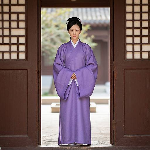 Photograph of an East Asian woman in a traditional purple hanbok, standing in a wooden doorway with shoji screens, outdoors.