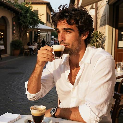 Photograph of a handsome, dark-haired man with a beard, wearing a white shirt, sipping espresso on a cobblestone street café.