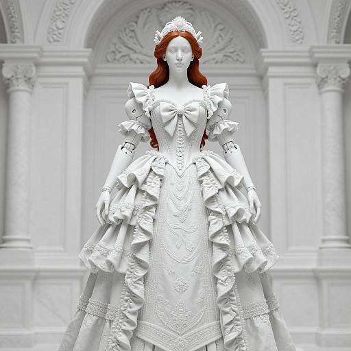 Monochrome digital art of a white, ornate, Victorian-style dress with puffed sleeves and intricate lace, set against a classical, arch-adorn
