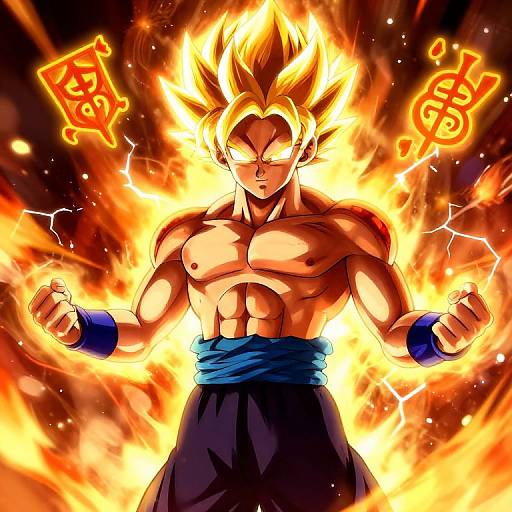 Digitally drawn anime-style image of a muscular, shirtless, spiky-haired Super Saiyan with fiery aura, blue sash, and black pants