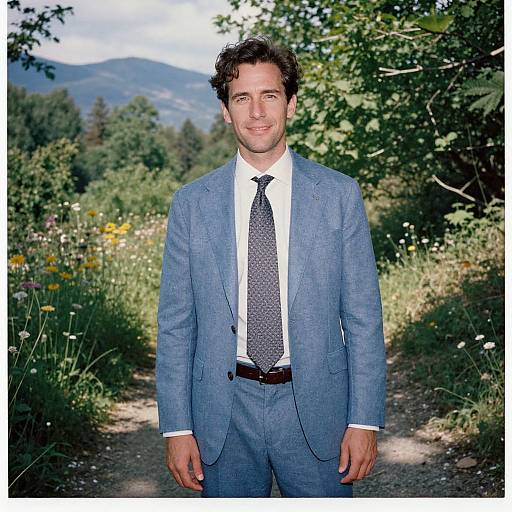 Man in Slate Blue Suit on Forest Path