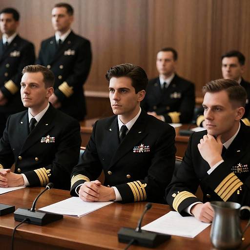 Formal Naval Officers Meeting in Wood-paneled Room