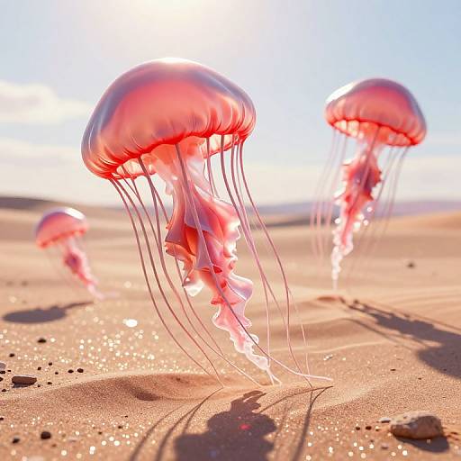 Photograph of vibrant red jellyfish with translucent, flowing tentacles floating on sunlit sandy beach, casting long shadows and reflecting sunlight.