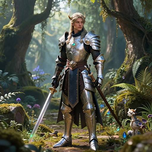 Digital fantasy artwork of a blond, armored knight with a sword, standing in a sunlit, enchanted forest, surrounded by ferns and small animals.