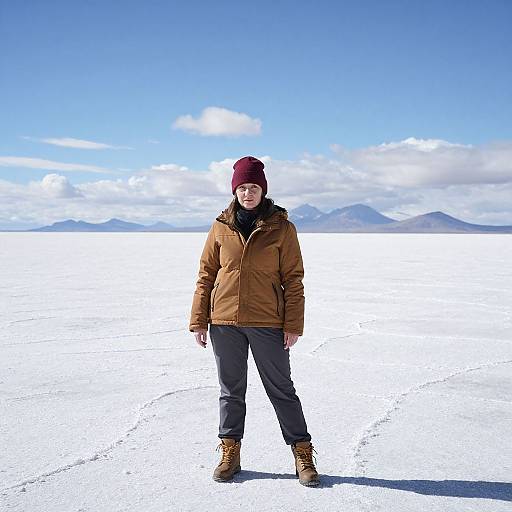 Photograph of a woman in a brown jacket, maroon beanie, black pants, and brown boots standing on a snowy, mountainous landscape under