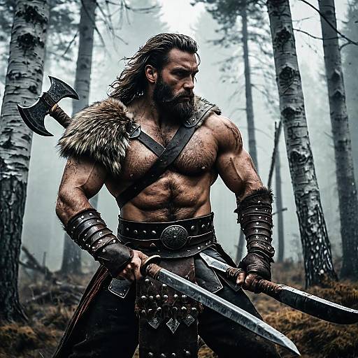 Barbarian Warrior with Axe in Misty Forest