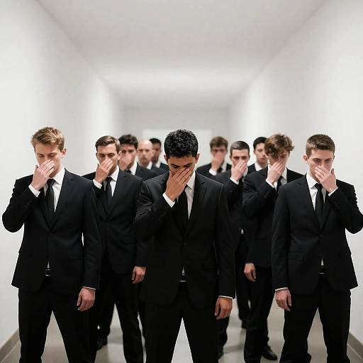 Men in Suits in Narrow Corridor