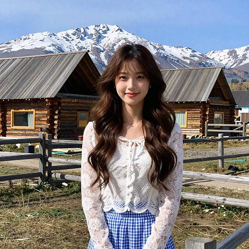 Photograph of an Asian woman with long brown hair, wearing a white lace top and blue checkered skirt, standing in front of a wooden cabin with