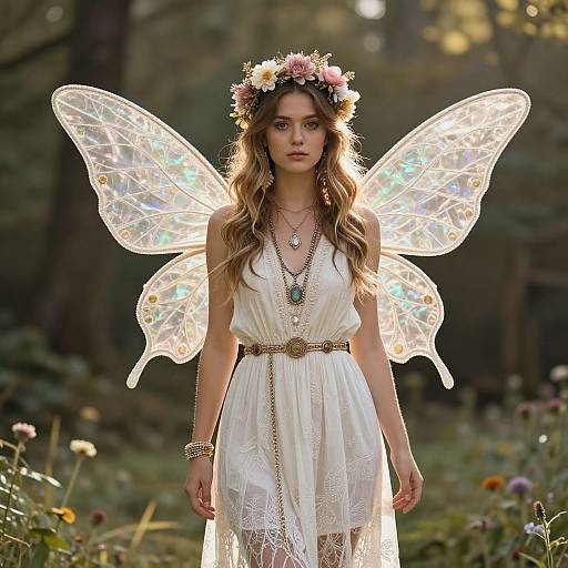 Photograph of a young woman with long, wavy brown hair, wearing a white lace dress, fairy wings, flower crown, and jewelry, standing