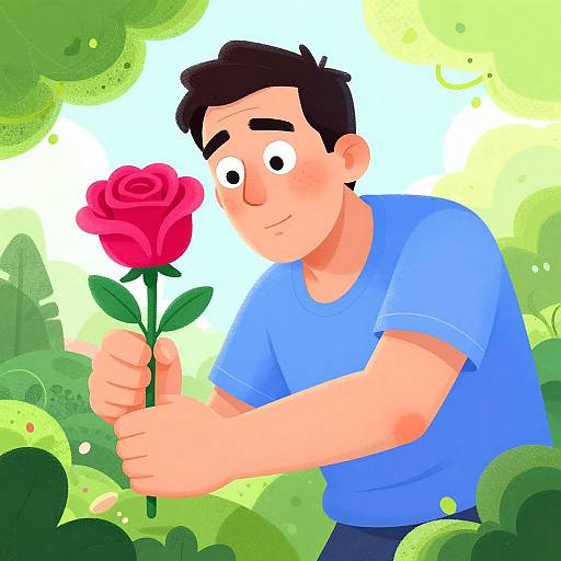 Cartoon-style illustration of a blushing man with short black hair, wearing a blue shirt, holding a vibrant red rose amidst green foliage.