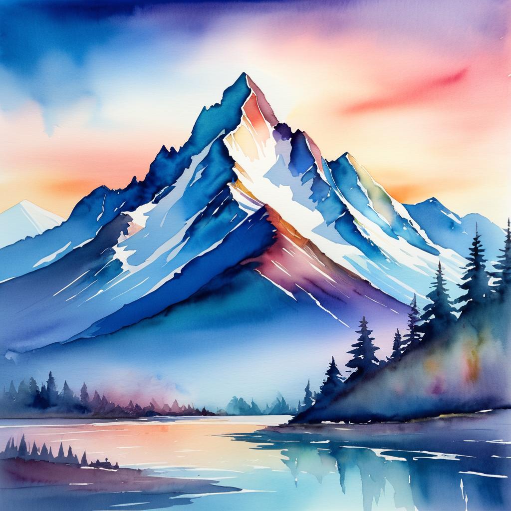 Sunset Mountain Peak in Watercolors