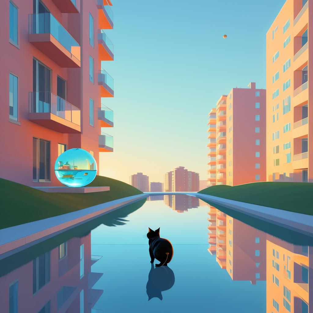 Surreal Cat with Fishbowl Head Scene