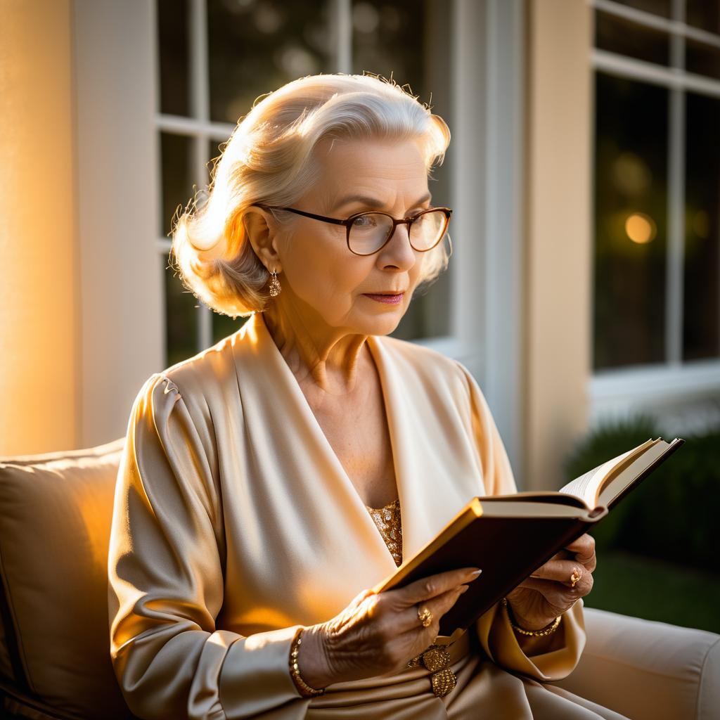 Elegant Elderly Woman Reading in Golden Hour