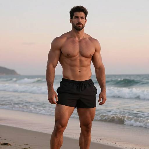 Photograph of a muscular, shirtless man with dark hair and beard, wearing black shorts, standing on a beach at sunset with waves in the background