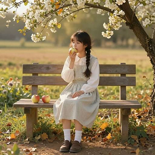 Photograph of a young Asian girl with long black hair in a white blouse and light blue dress, eating an apple on a wooden bench under a blo