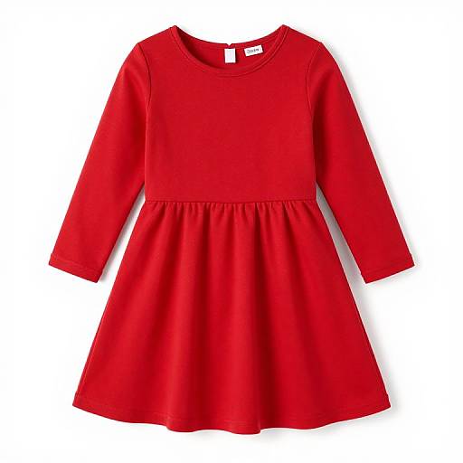 Photograph of a vibrant red, long-sleeved, A-line dress with a round neckline and gathered waist, displayed against a plain white background.