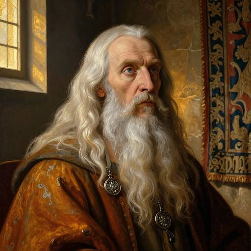 Digital painting of an elderly, white-bearded man with long, wavy white hair, wearing a brown robe with ornate silver pendants, standing