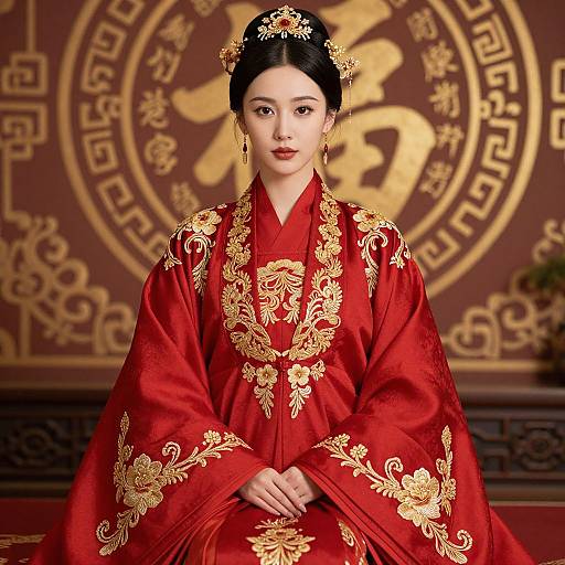 Photograph of an East Asian woman in a vibrant red, gold-embroidered traditional Chinese robe, with a floral hairpiece, set against a