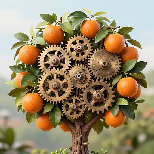 Clockwork Tree with Gears and Fruits