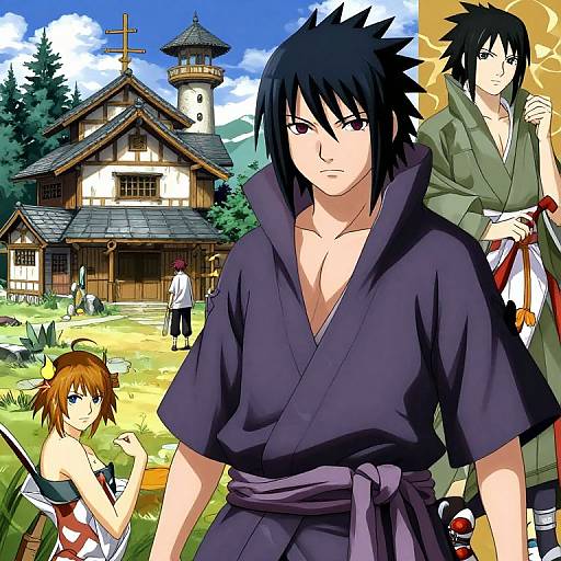 Anime-style digital illustration of four characters in traditional Japanese clothing in front of a wooden temple with a bell tower. Bright blue sky, green grass, and