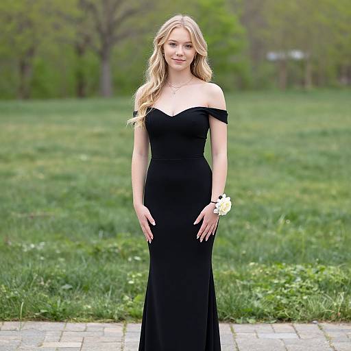 Photograph of a blonde woman with wavy hair, wearing an off-shoulder black dress, standing in a grassy park, holding a white