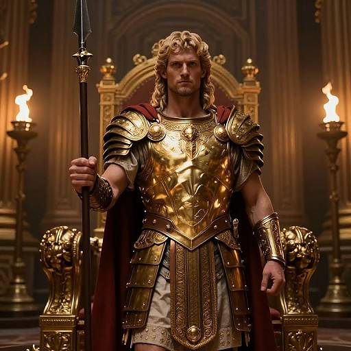 Photograph of a muscular, blond, bearded man in golden Roman armor and red cape, holding a spear, standing before an ornate throne in