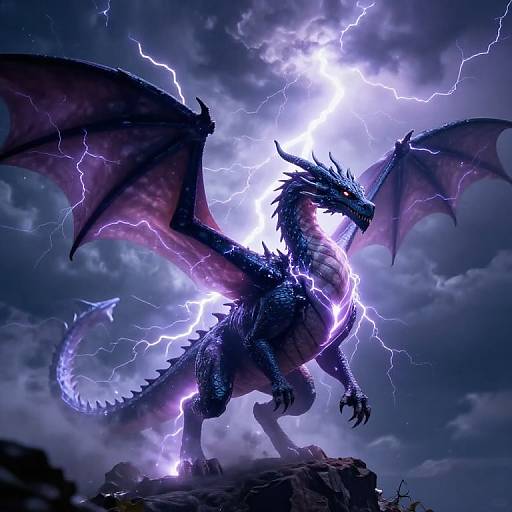 Digital artwork of a powerful, electric blue dragon with purple wings, standing on a rocky cliff amidst a stormy sky with bright lightning.