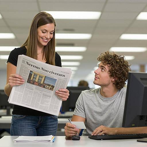 Young woman and man in office with newspaper and computer