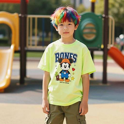 Rainbow Hair Boy in Sunny Playground