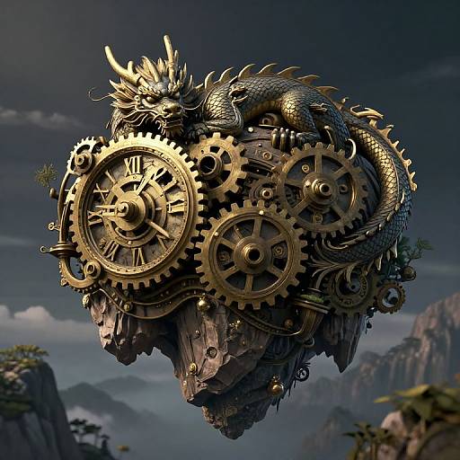 Ancient Clockwork Dragon on Floating Mountain